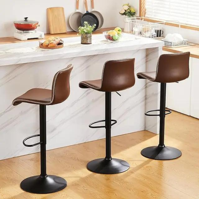 Brown Swivel Bar Stools Set of 3 - Adjustable Counter Height 24" to 32" with Backrest, Faux Leather