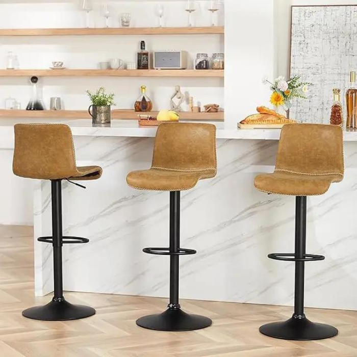 Brown Swivel Bar Stools Set of 3 - Adjustable Counter Height 24" to 32" with Backrest, Faux Leather