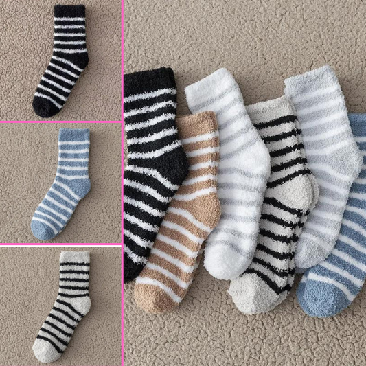 5 Pairs of Men's Thick Thermal Socks - Fluffy Coral Fleece in Striped and Solid Colors