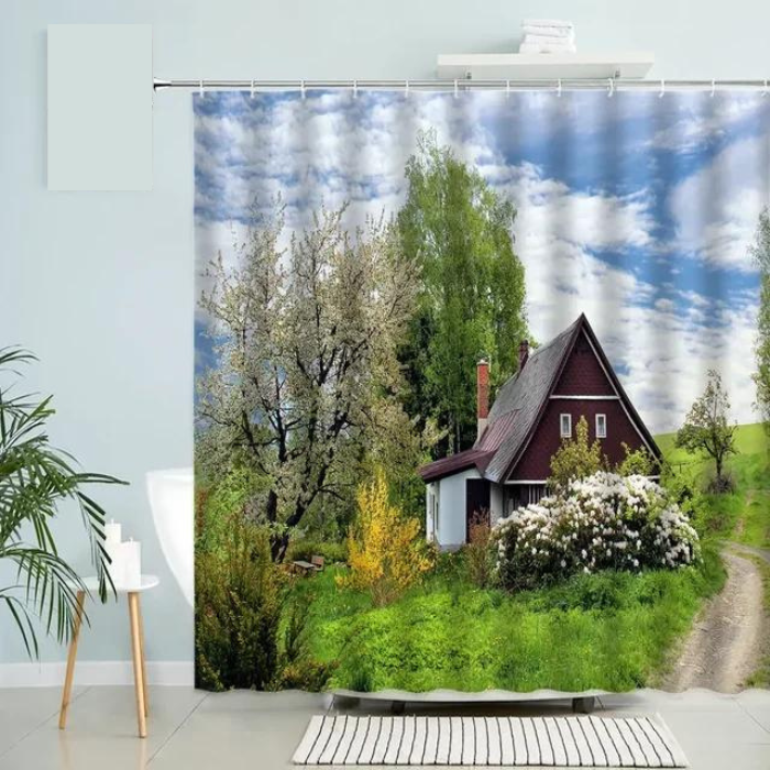 Country Garden View Shower Curtain Spring Flowers and Farmhouse Scenery For A Peaceful Bathroom Retreat