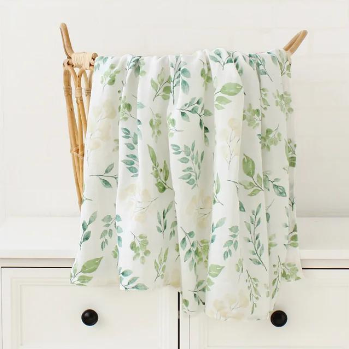 Organic Bamboo-Cotton Blend Baby Swaddle: 70% Bamboo, 30% Cotton  Leaves Print Crib Shee