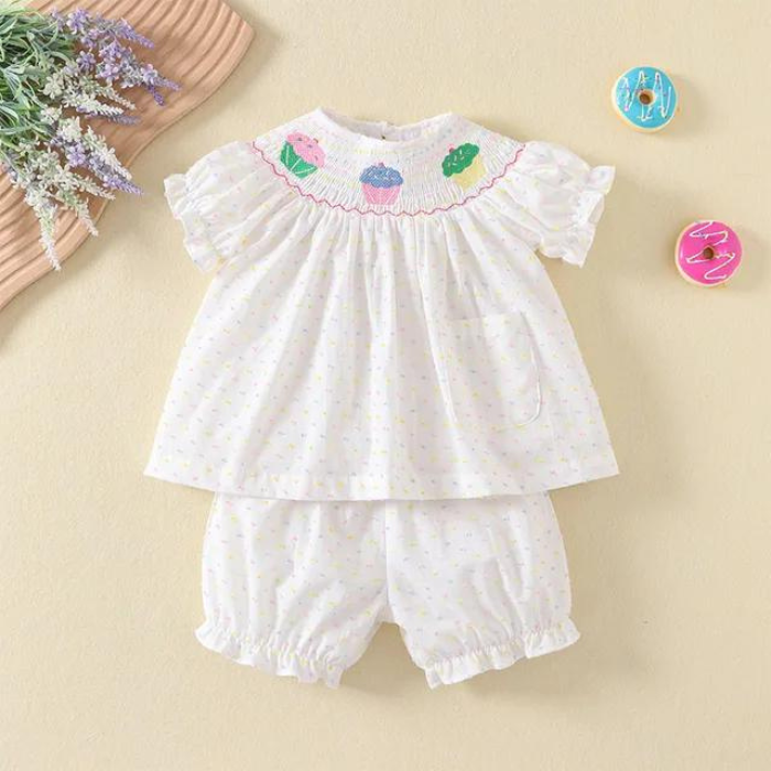 Adorable Baby Girls Smocked Dress Sets - Clibeso Summer Outfit With Cake Hand Smocking