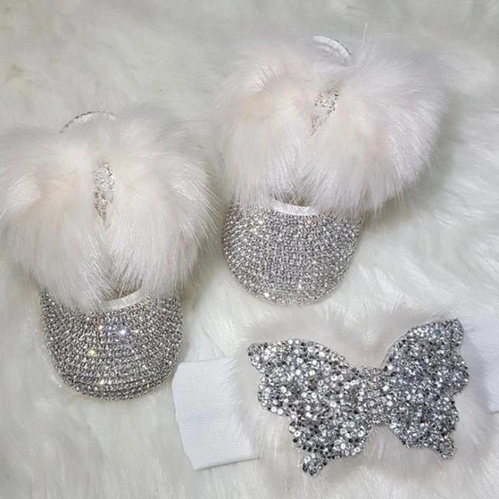 Stunning Baby Shower Dollbling Luxury Faux Fur Newborn Shoes With Feather Details And Diamond Accents