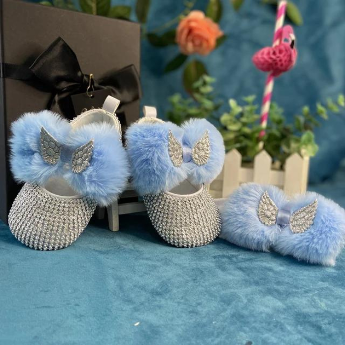 Stunning Baby Shower Dollbling Luxury Faux Fur Newborn Shoes With Feather Details And Diamond Accents